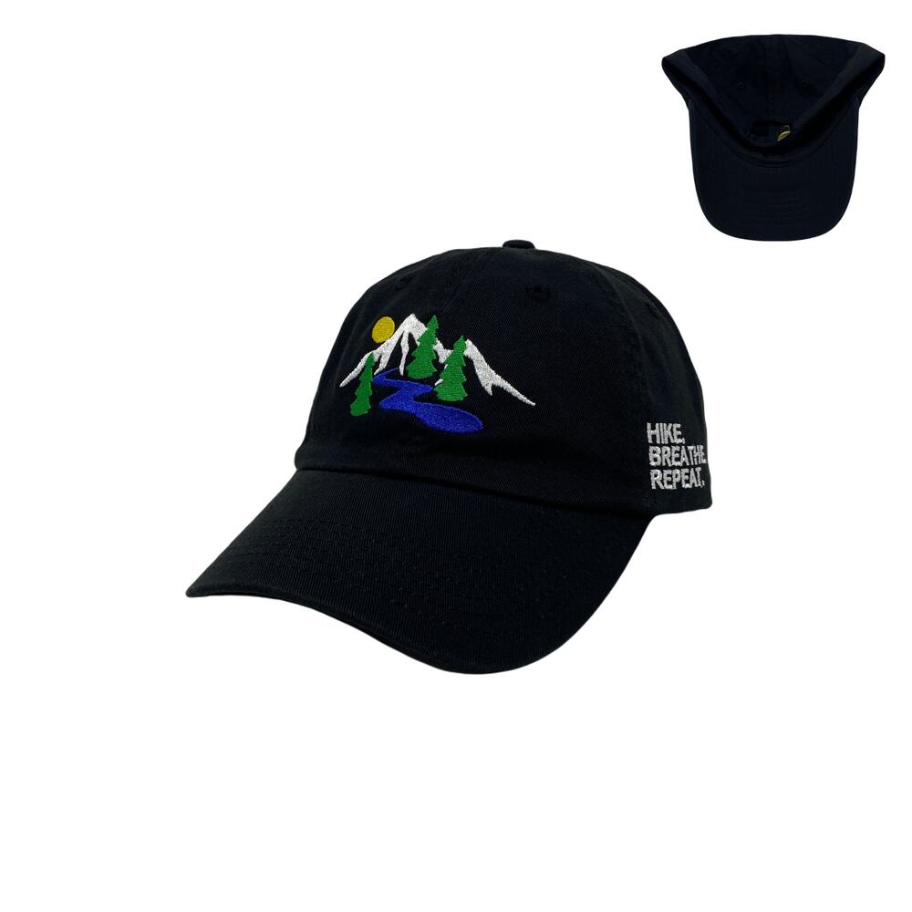 Hiking Baseball Cap - Black with Outdoor Design and says, “Hike.Breathe.Repeat”